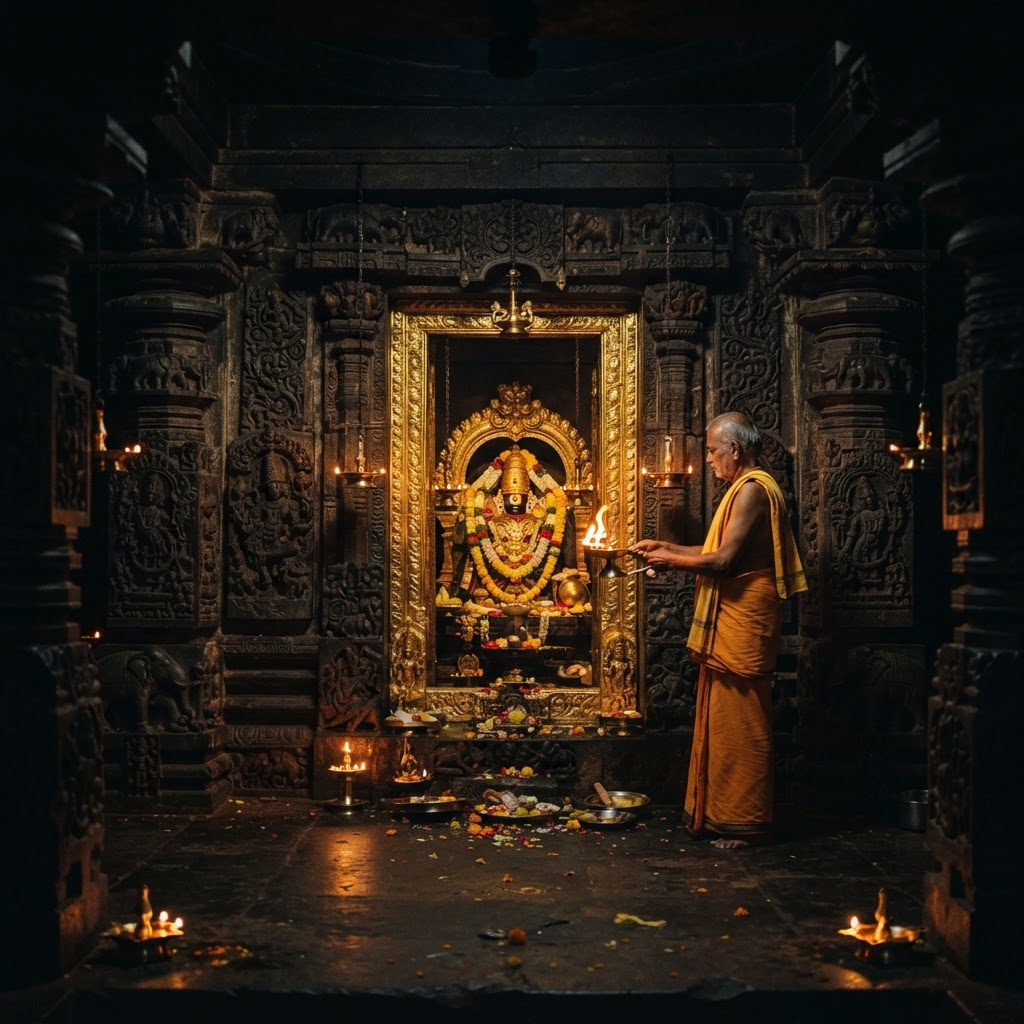 Ancient temple sanctum at golden hour