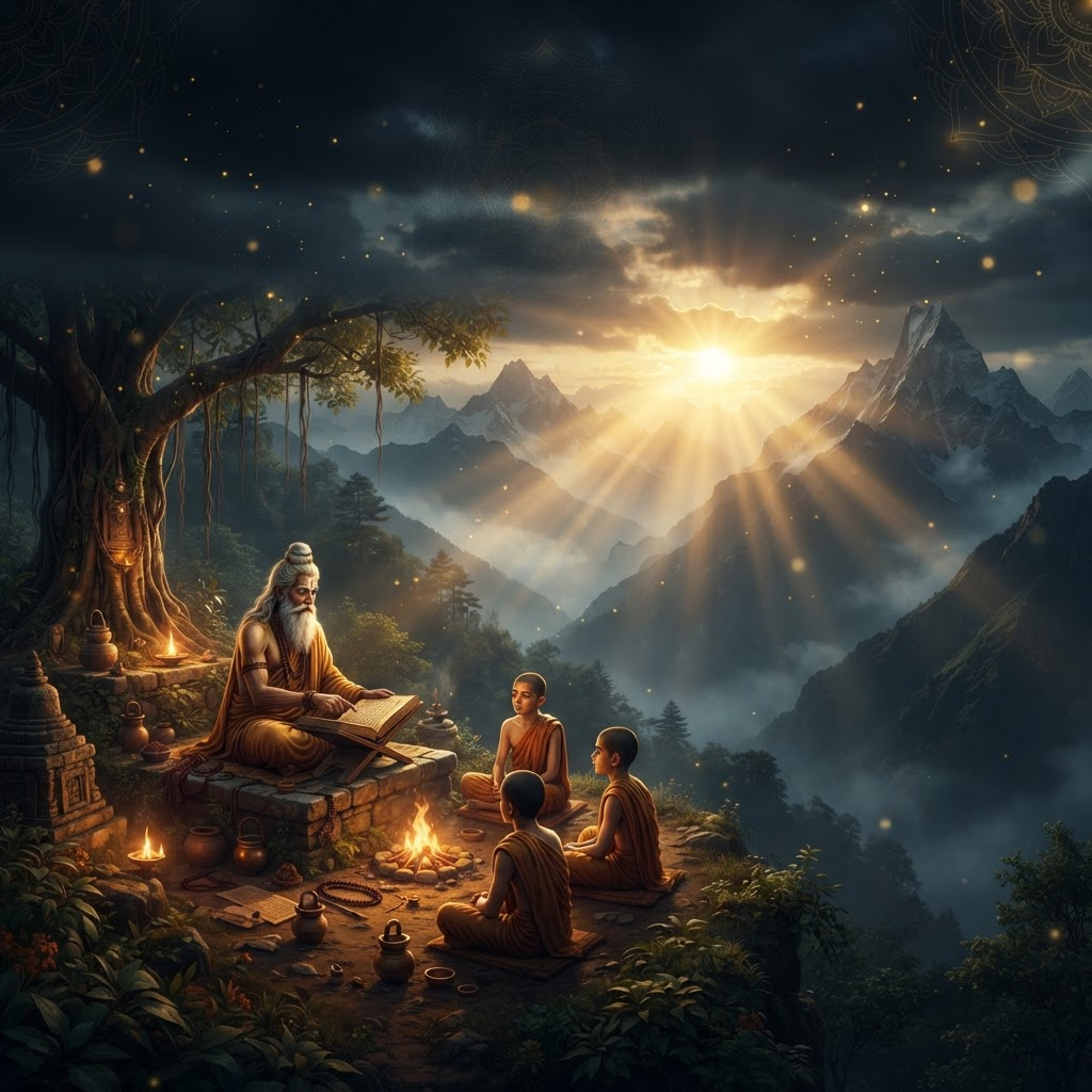 Golden sunrise over sacred mountains with an ancient rishi teaching disciples